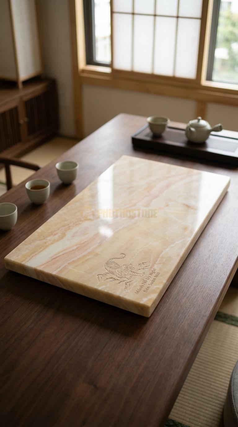Khay Trà Đá Vàng Nghệ An Họa Tiết “Hổ Xuống Núi” (Mãnh Hổ Uy Nghi Bên Sườn Núi). Kích Thước 85 x 50 x 6 Cm.