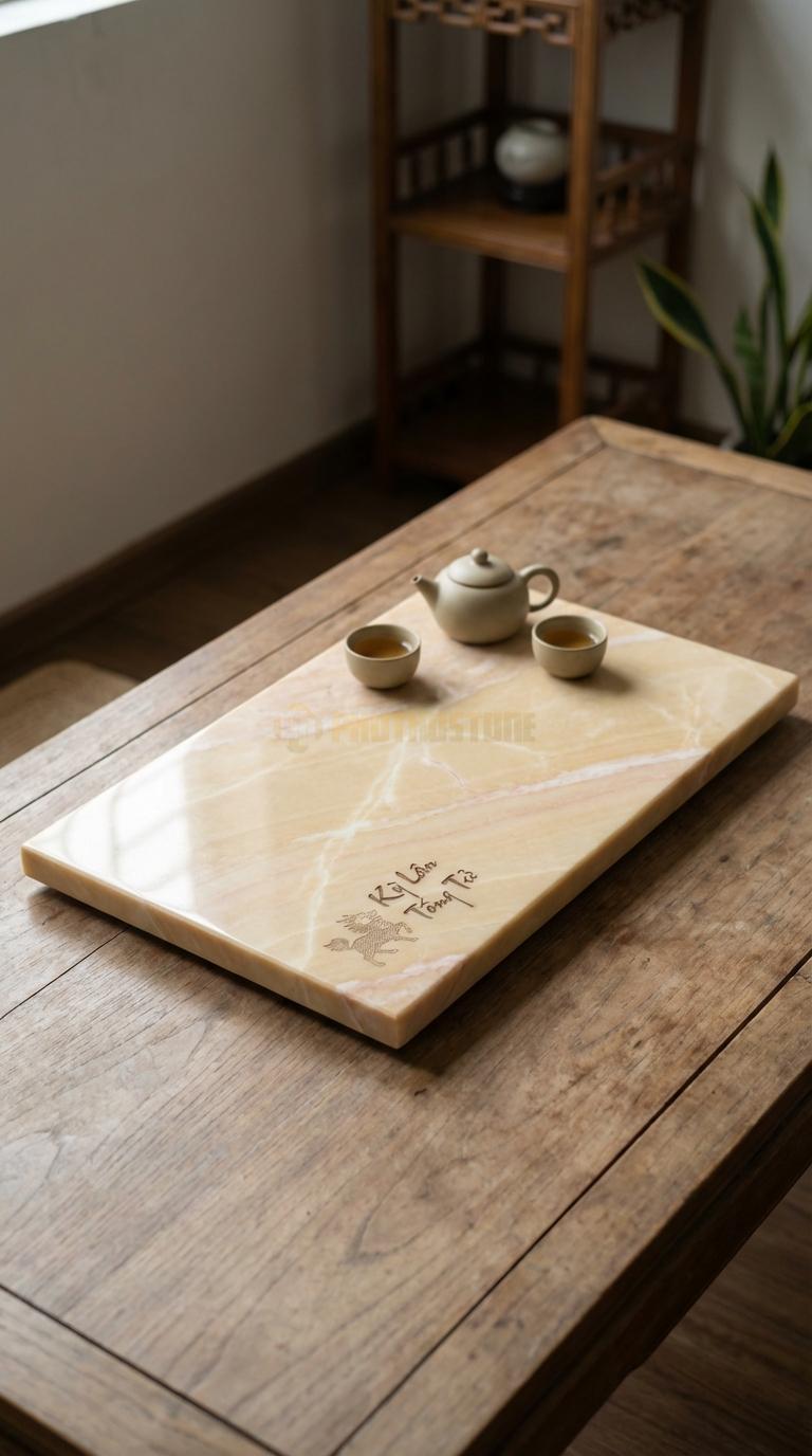 Khay Trà Đá Vàng Nghệ An Họa Tiết “Kỳ Lân Tống Tử” (Kỳ Lân Mang Điềm Lành). Kích Thước 65 x 40 x 4.5 Cm.