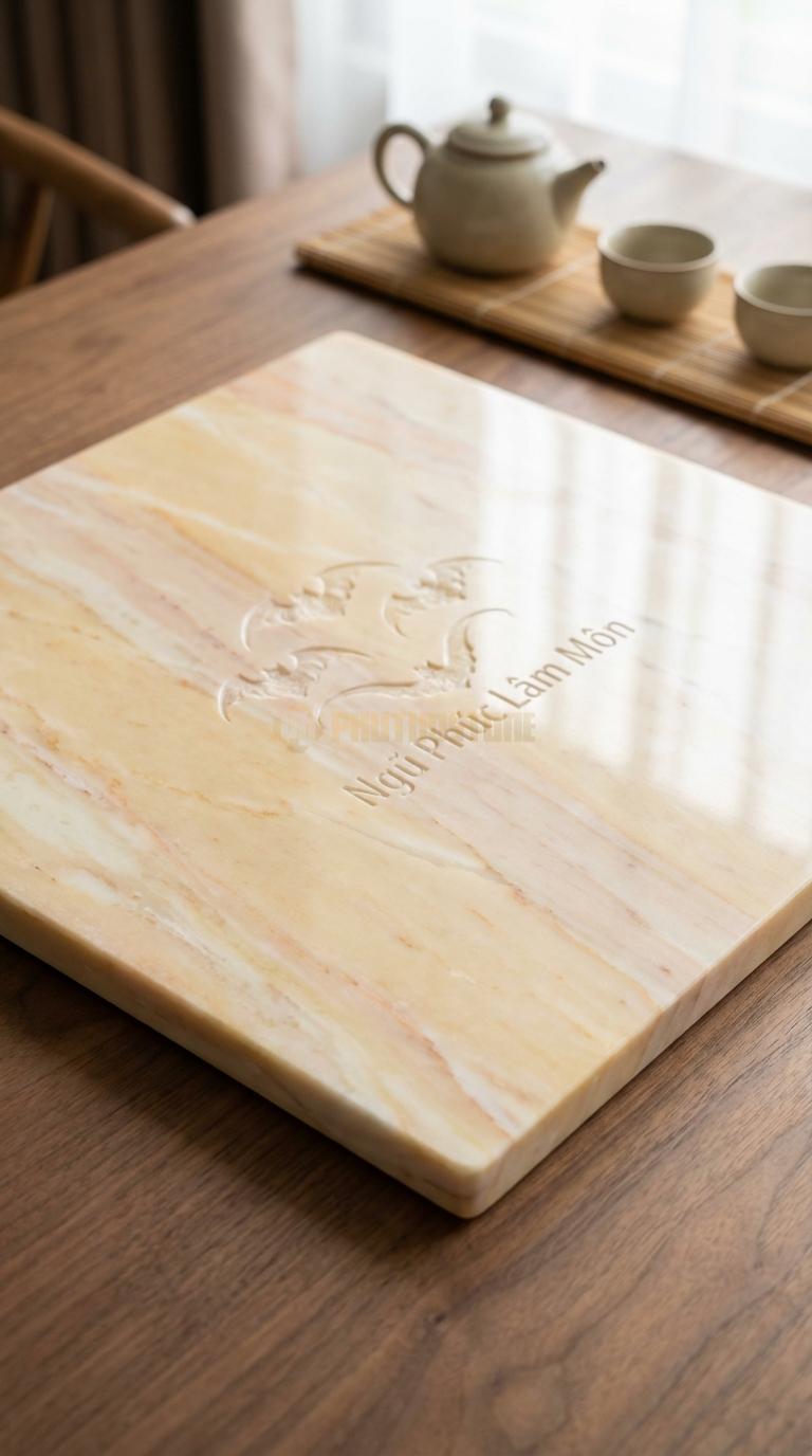 Khay Trà Đá Vàng Nghệ An Họa Tiết “Ngũ Phúc Lâm Môn” (5 Con Dơi Ngậm Tiền Xu). Kích Thước 60 x 60 x 4 Cm (Vuông).