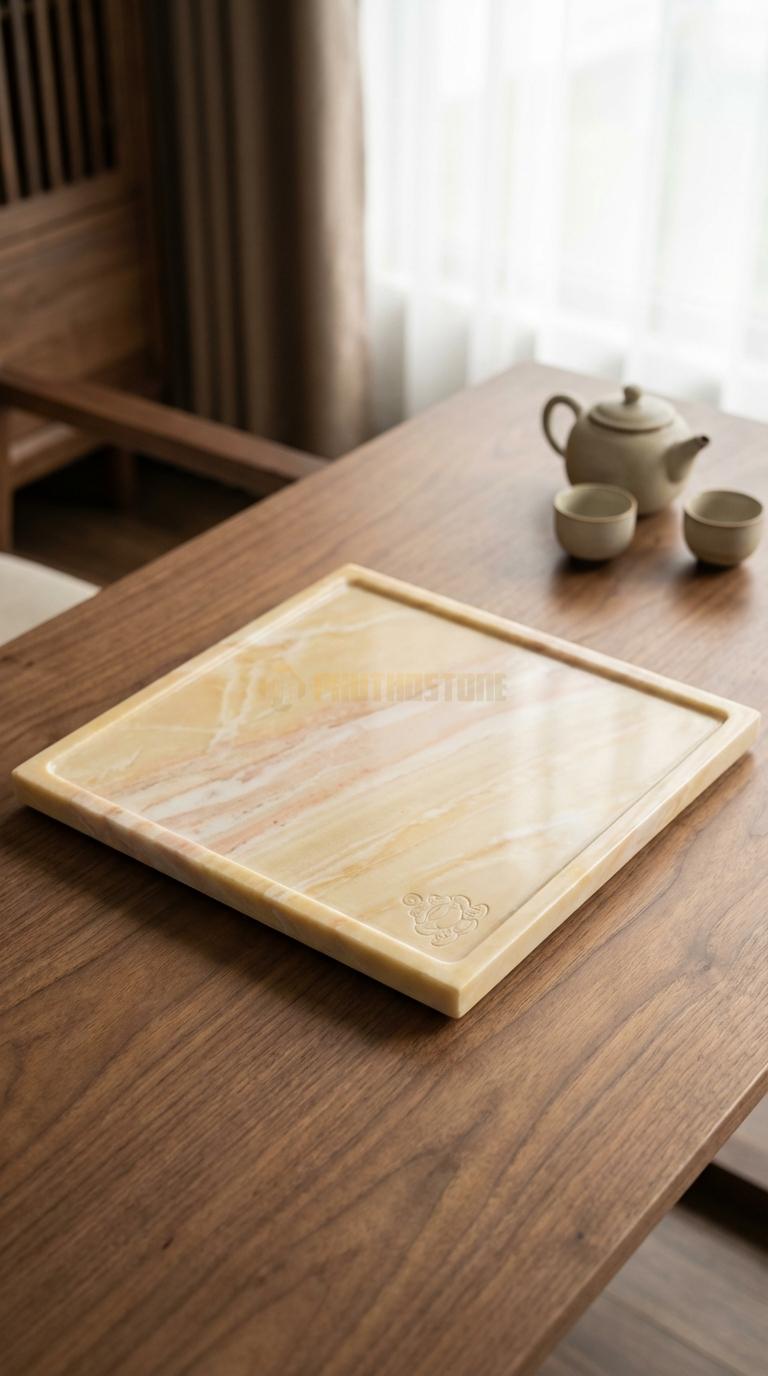 Khay Trà Đá Vàng Nghệ An Họa Tiết “Thiềm Thừ Ngậm Tiền” (Cóc 3 Chân Phong Thủy). Kích Thước 45 x 45 x 5 Cm.