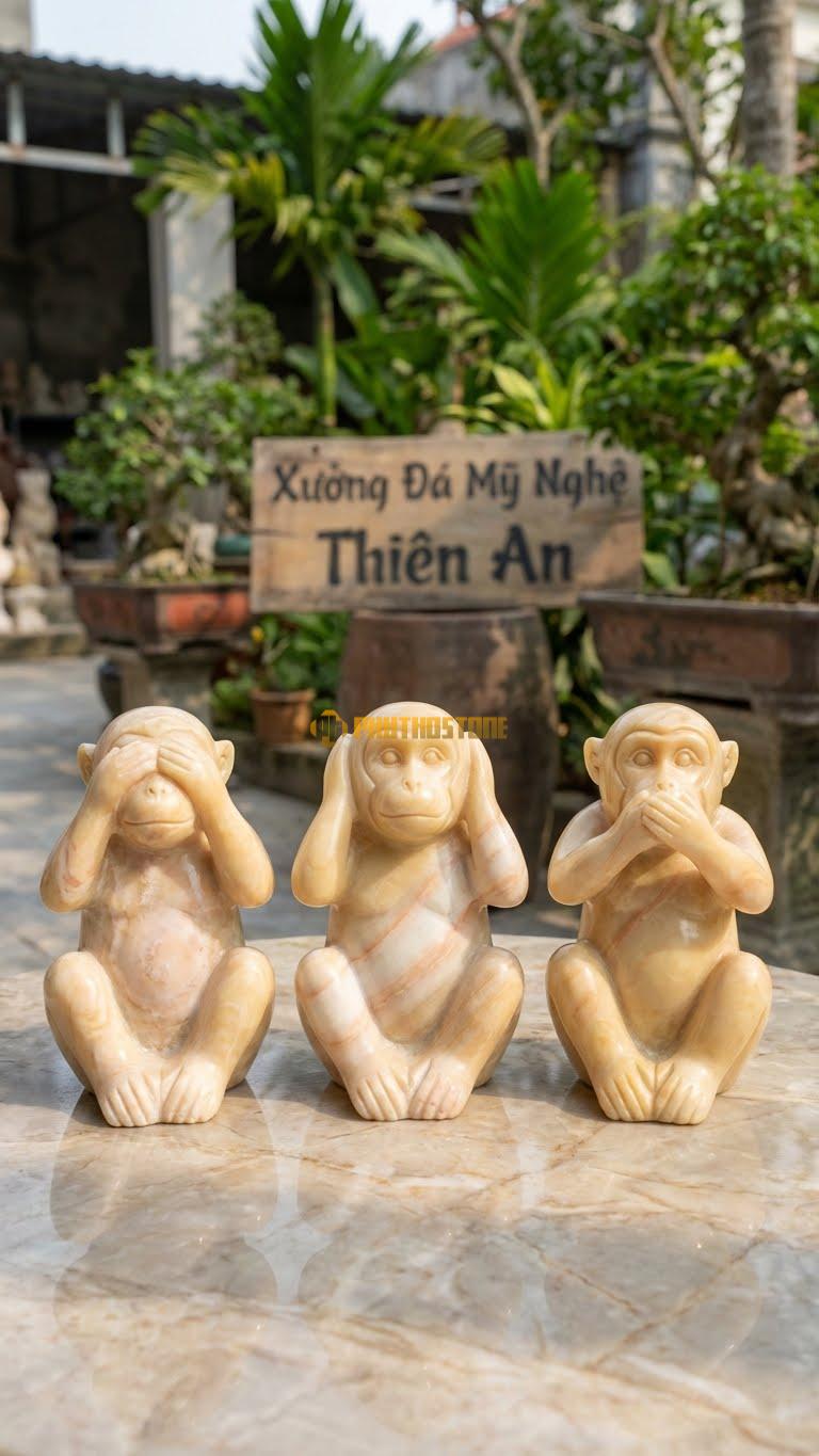 Khỉ Che Mắt/Tai/Miệng (Bộ Tam Không) Bằng Đá Vàng Nghệ An, Kiểu Dáng 3 Tượng Rời. Kích Thước Cao 15cm/Con.