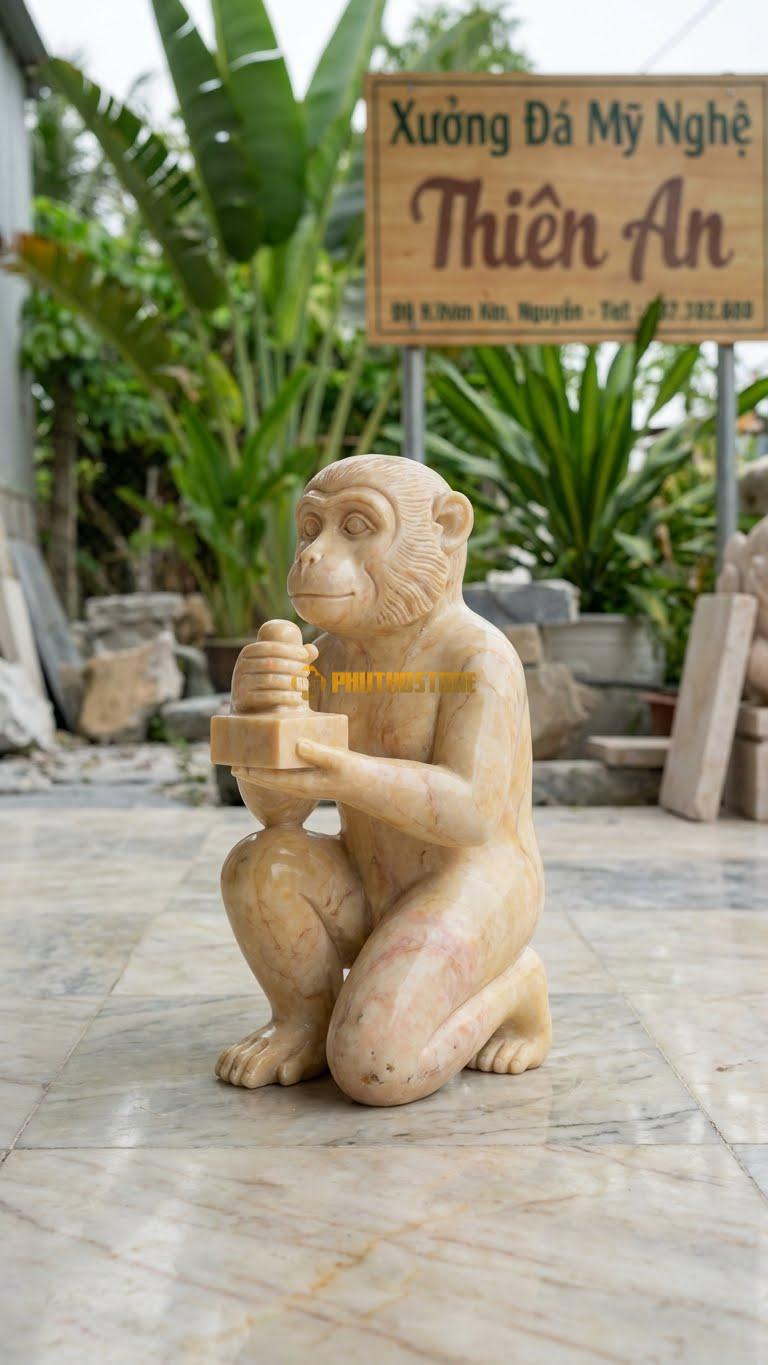 Khỉ Dâng Ấn Bằng Đá Vàng Nghệ An, Kiểu Dáng Hai Tay Dâng Ấn Quan Lộc. Kích Thước Cao 25cm.