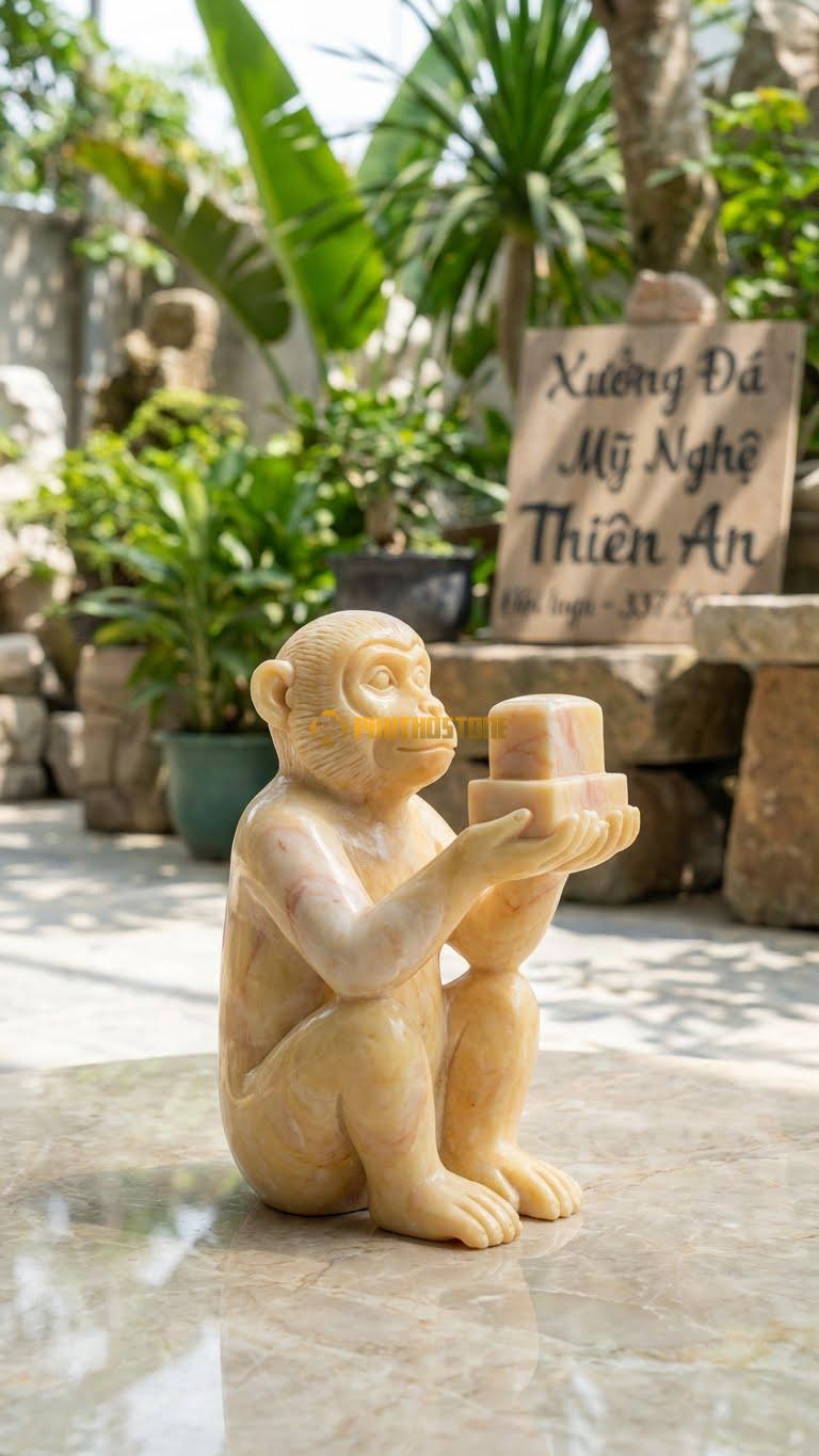 Khỉ Dâng Ấn Bằng Đá Vàng Nghệ An, Kiểu Dáng Hai Tay Dâng Ấn Quan Lộc. Kích Thước Cao 25cm.