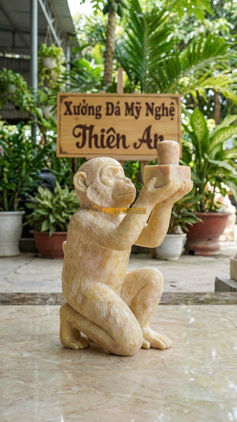 Khỉ Dâng Ấn Bằng Đá Vàng Nghệ An, Kiểu Dáng Hai Tay Dâng Ấn Quan Lộc. Kích Thước Cao 25cm.