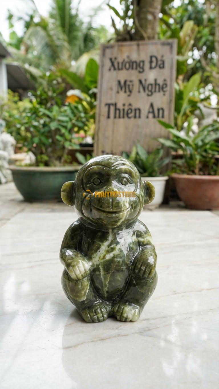 Khỉ Hoạt Hình Bằng Đá Serpentine, Kiểu Dáng Mặt Cười Láu Lỉnh. Kích Thước Cao 12cm.