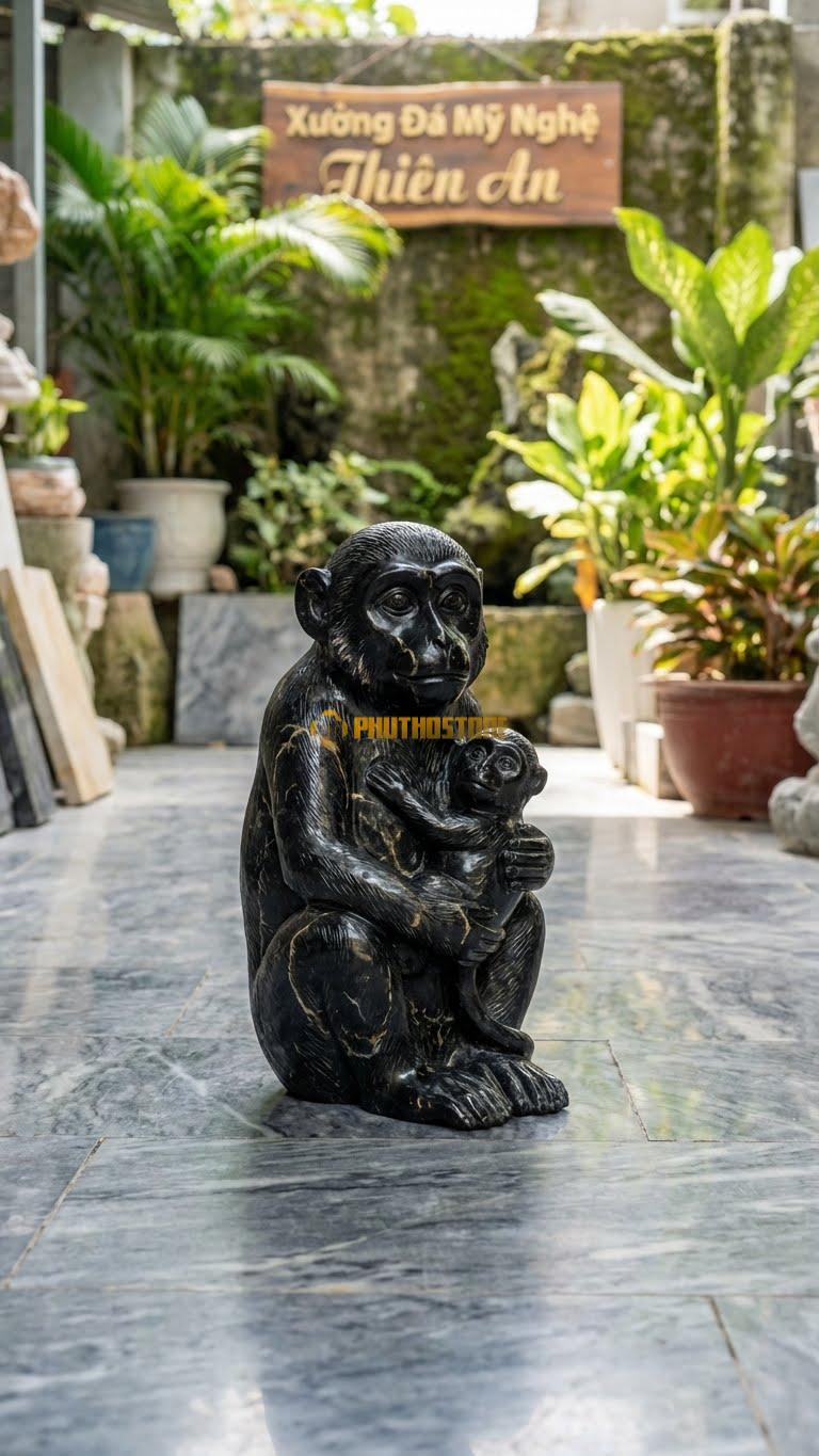 Khỉ Mẹ Bồng Con Bằng Đá Đen Chỉ Nâu, Kiểu Dáng Kích Thước Cao 25cm.