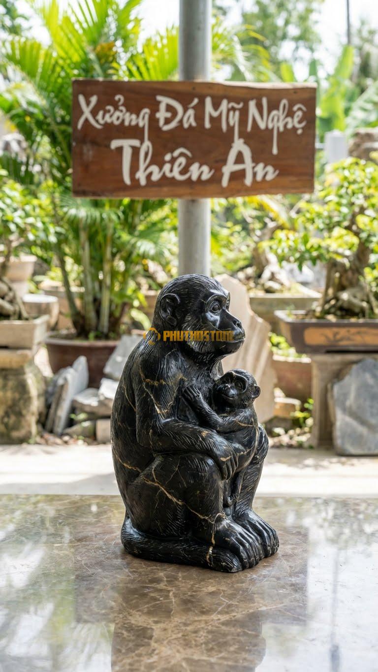 Khỉ Mẹ Bồng Con Bằng Đá Đen Chỉ Nâu, Kiểu Dáng Kích Thước Cao 25cm.