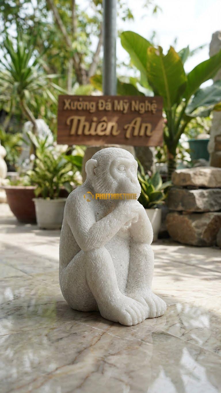 Khỉ Ngồi Suy Tư Bằng Đá Trắng Muối, Kiểu Dáng Dáng Giống Người. Kích Thước Cao 20cm.