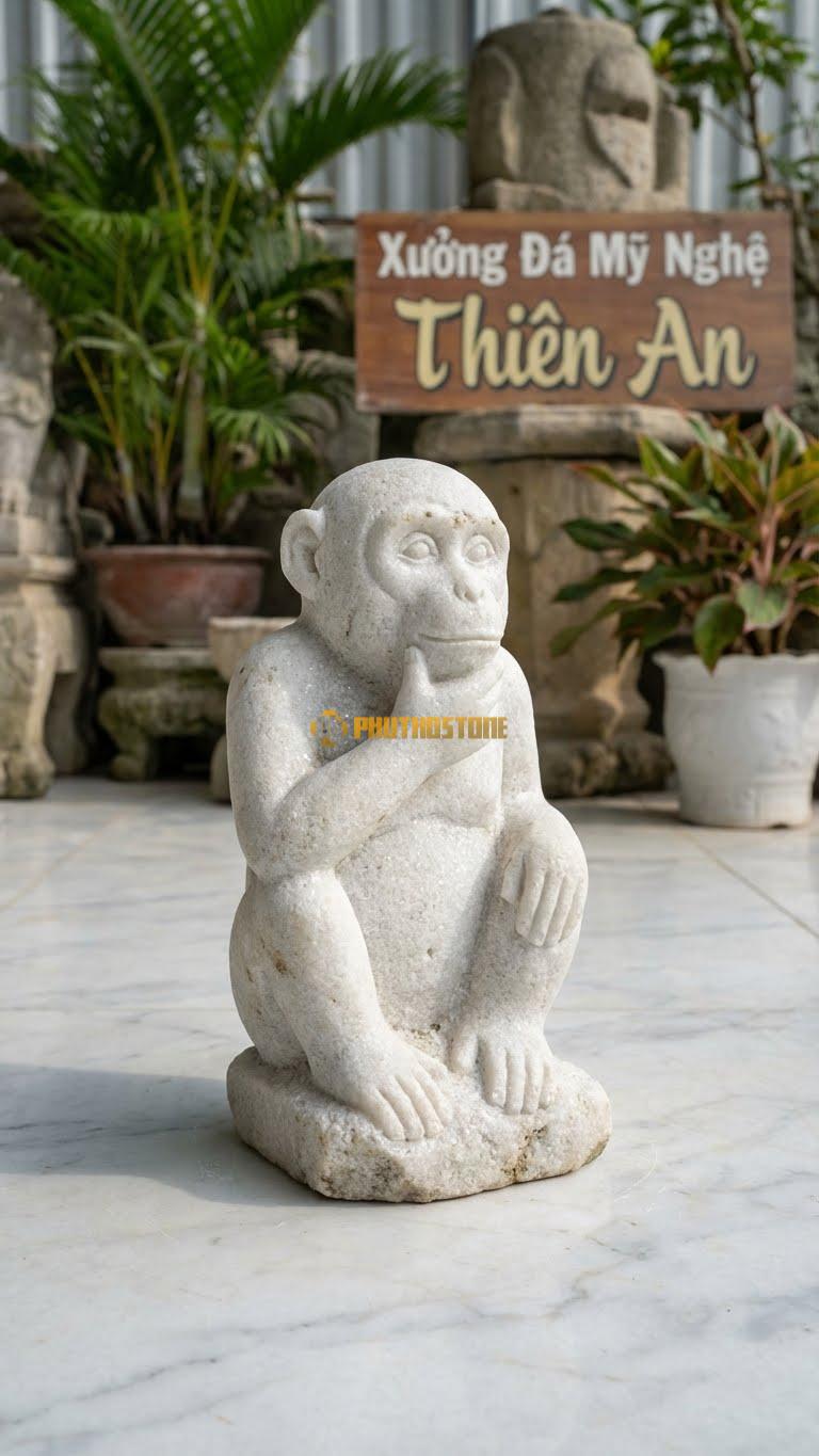 Khỉ Ngồi Suy Tư Bằng Đá Trắng Muối, Kiểu Dáng Dáng Giống Người. Kích Thước Cao 20cm.
