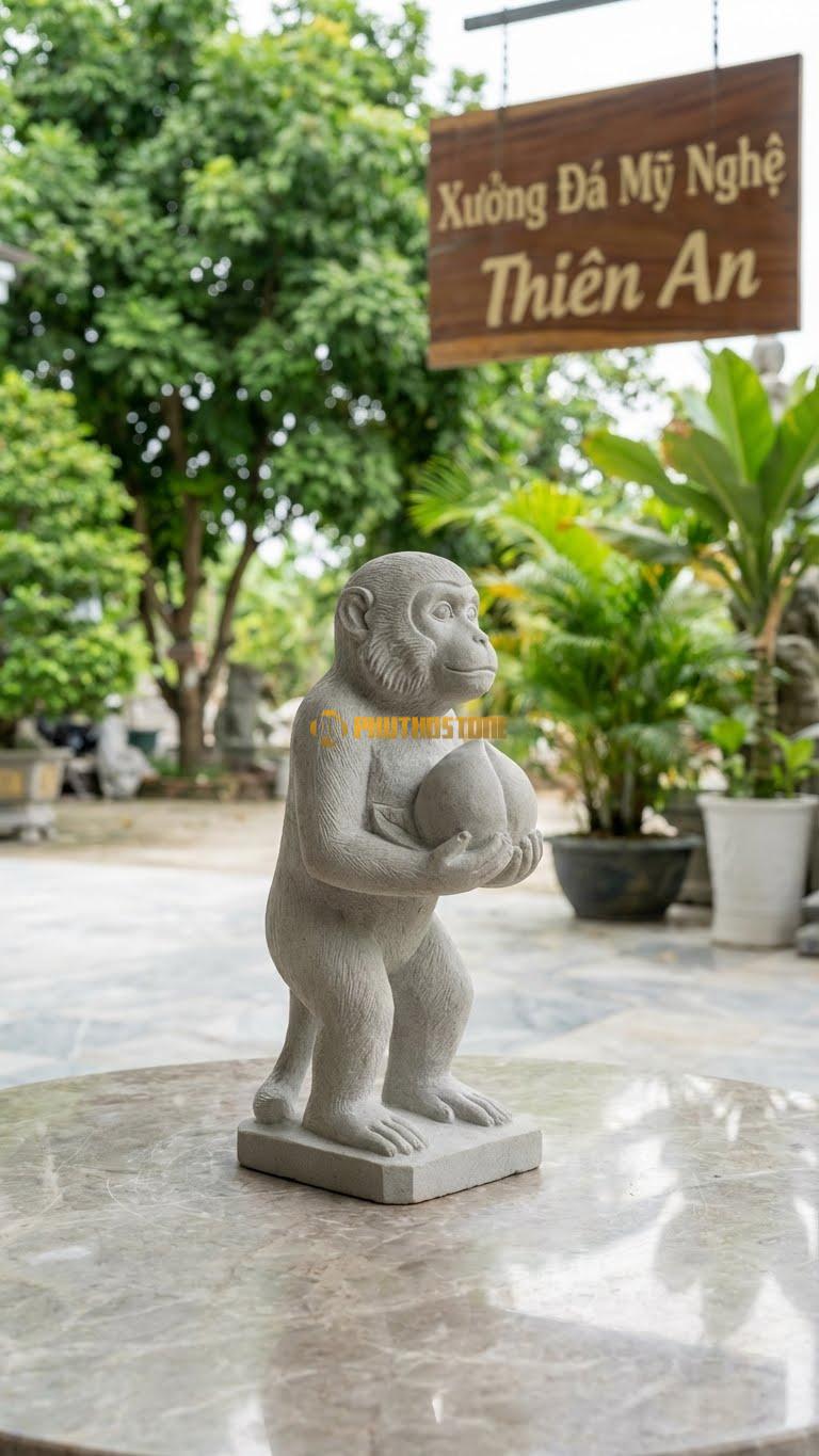 Khỉ Ôm Trái Đào (Linh Hầu Hiến Đào) Bằng Đá Sa Thạch, Kiểu Dáng Trường Thọ. Kích Thước Cao 30cm.