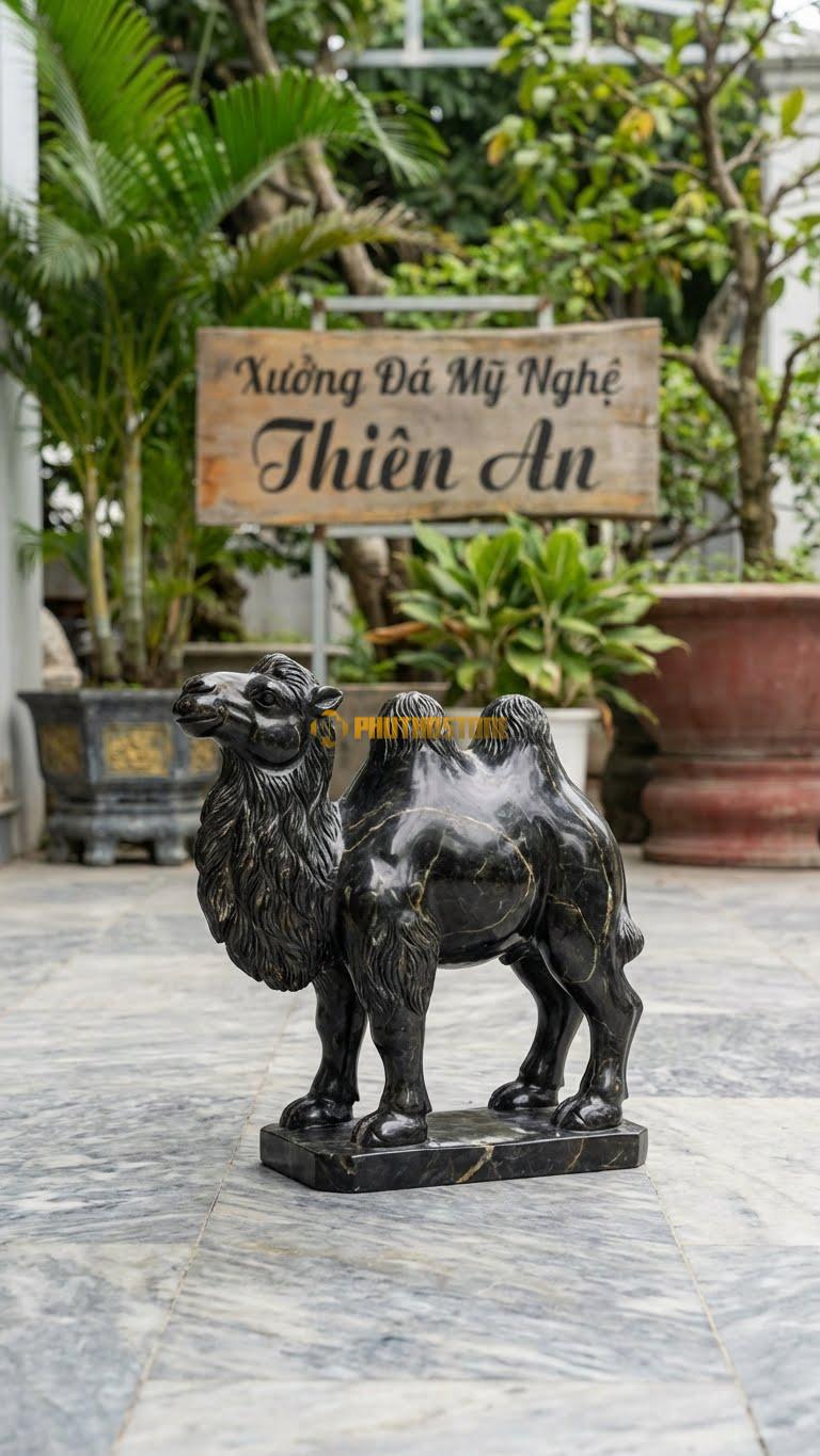 Lạc Đà Hai Bướu Bằng Đá Đen Chỉ Nâu, Kiểu Dáng Lông Rậm Rạp Hơn. Kích Thước Cao 30cm.