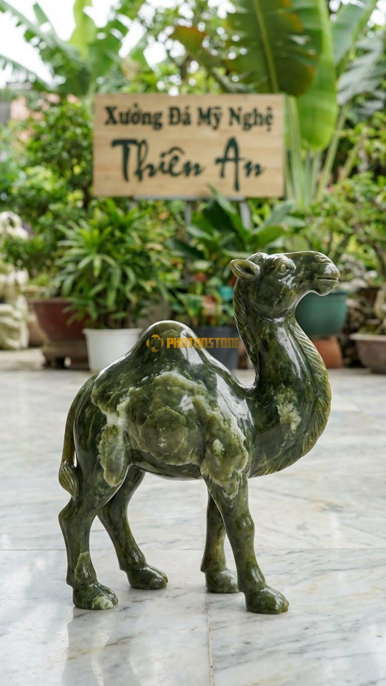 Lạc Đà Một Bướu Bằng Đá Serpentine, Kiểu Dáng Dáng Cao Thanh Thoát. Kích Thước Cao 30cm.
