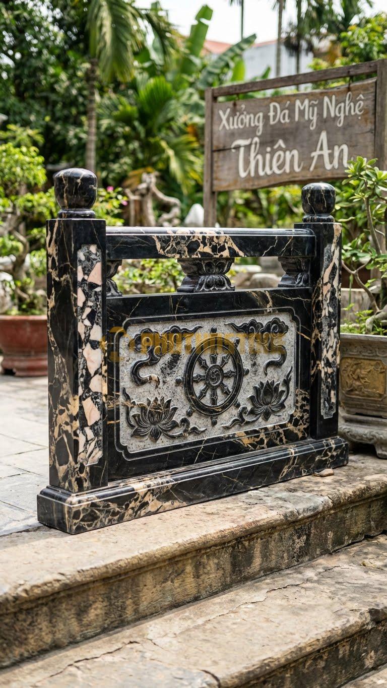 Lan Can Đá Da Báo Bánh Xe Pháp Luân: Biểu Tượng Phật Giáo, Dùng Cho Chùa Chiền, Kích Thước: 107Cm X 90Cm X 10Cm