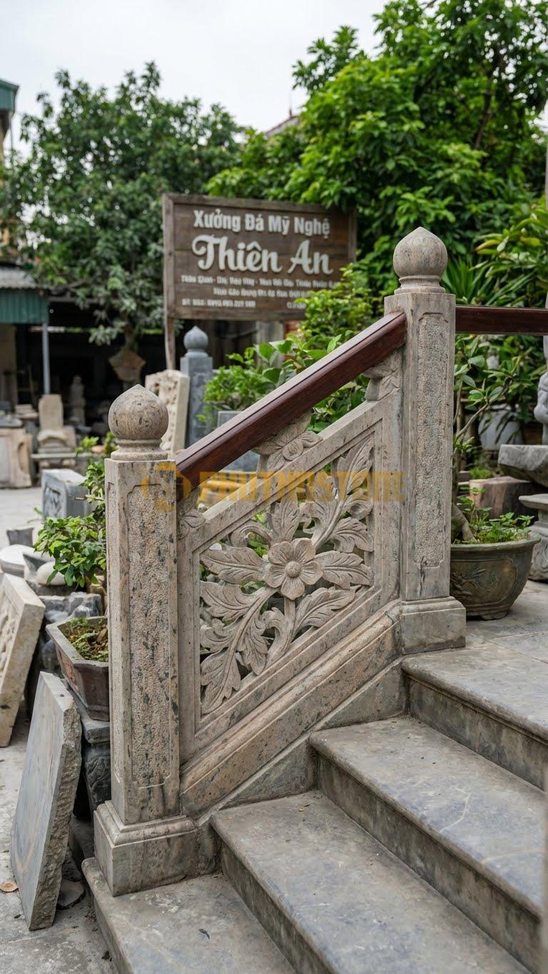 Lan Can Đá Da Báo Cầu Thang Đá Tay Vịn Gỗ: Tấm Đá Đục Thủng Hình Hoa Lá Nhẹ Nhàng, Kích Thước: 90Cm X 85Cm X 6Cm