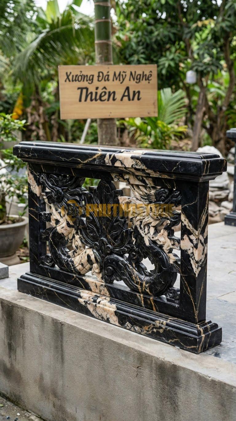 Lan Can Đá Da Báo Lá Hóa Rồng: Họa Tiết Lá Cách Điệu Hình Đầu Rồng, Kích Thước: 110Cm X 81Cm X 10Cm