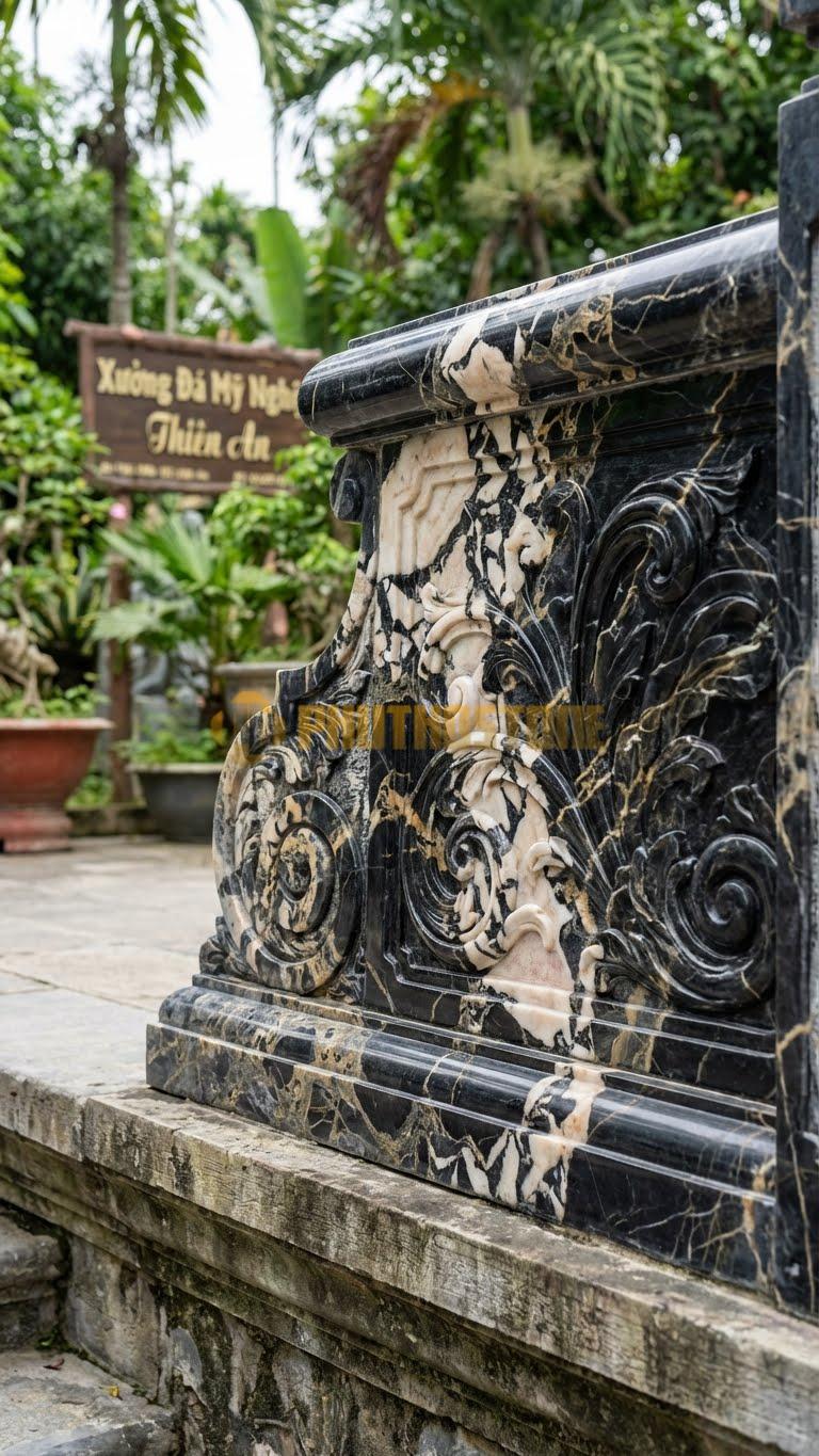 Lan Can Đá Da Báo Tân Cổ Điển Pháp: Hoa Văn Lá Tây (Acanthus) Cuộn Tròn, Kích Thước: 100Cm X 90Cm X 12Cm
