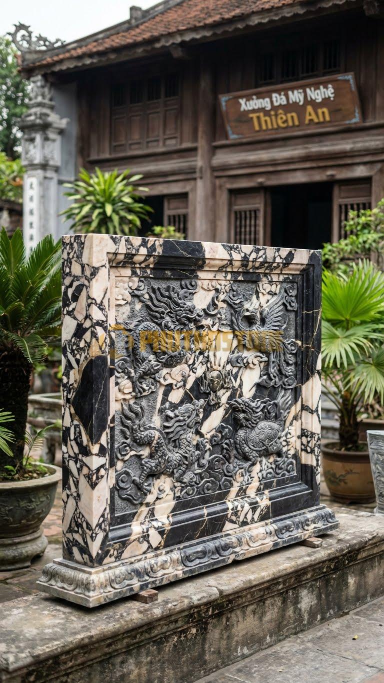 Lan Can Đá Da Báo Tứ Linh: Long – Ly – Quy – Phượng (Vờn Mây), Kích Thước: 127Cm X 107Cm X 12Cm