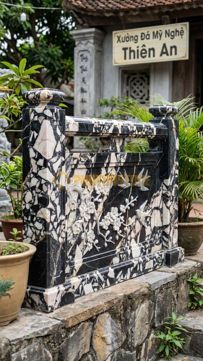 Lan Can Đá Da Báo Tứ Quý – Mai: Hoa Mai Và Chim Én (Biểu Tượng Mùa Xuân), Kích Thước: 117Cm X 81Cm X 10Cm