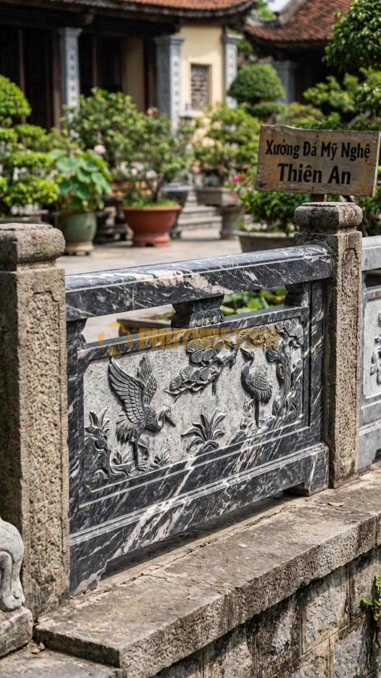 Lan Can Đá Da Báo Tứ Quý – Tùng: Cây Tùng Và Chim Hạc (Biểu Tượng Trường Thọ), Kích Thước: 117Cm X 81Cm X 10Cm
