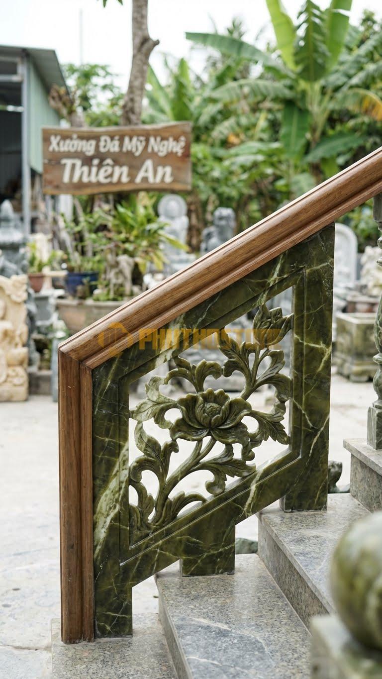 Lan Can Đá Serpentine Cầu Thang Đá Tay Vịn Gỗ: Tấm Đá Đục Thủng Hình Hoa Lá Nhẹ Nhàng, Kích Thước: 90Cm X 85Cm X 6Cm