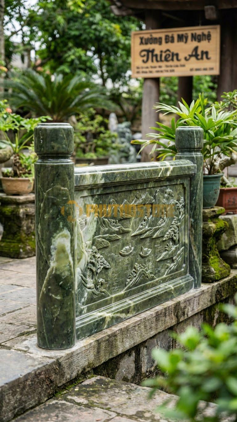 Lan Can Đá Serpentine Sơn Thủy Hữu Tình: Tranh Đá Phong Cảnh (Núi, Sông) Tạc Nông, Kích Thước: 120Cm X 85Cm X 10Cm