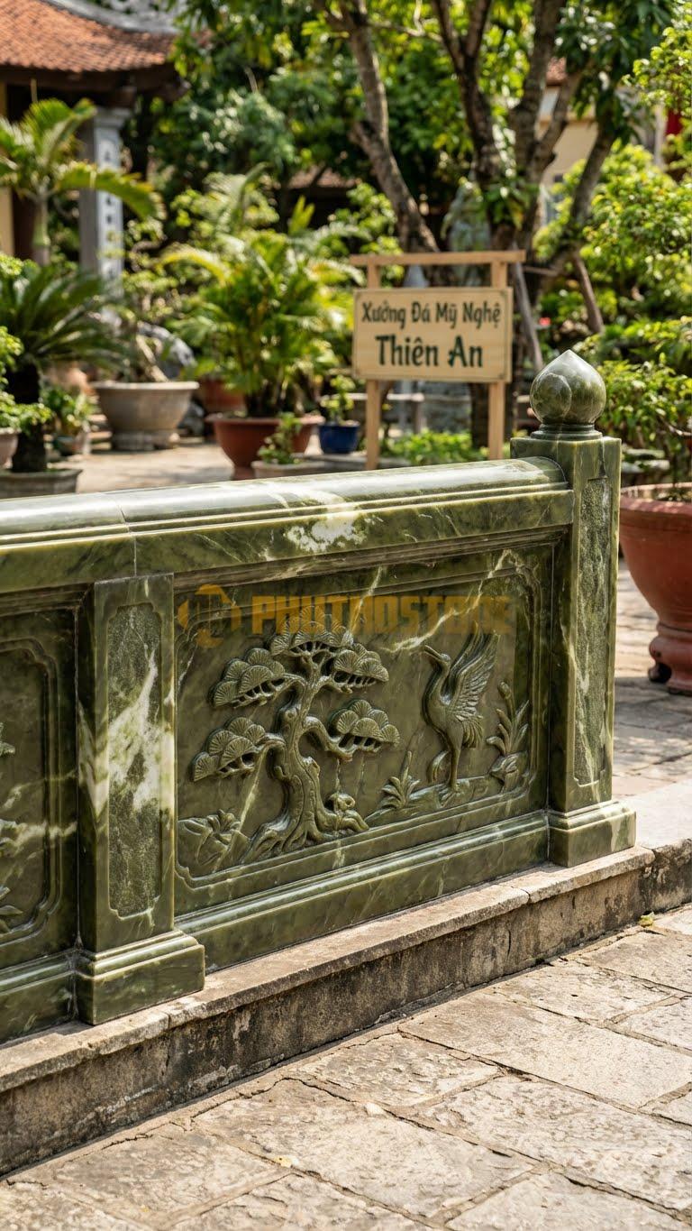 Lan Can Đá Serpentine Tứ Quý – Tùng: Cây Tùng Và Chim Hạc (Biểu Tượng Trường Thọ), Kích Thước: 117Cm X 81Cm X 10Cm