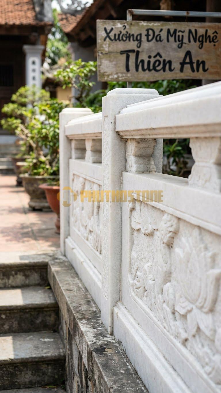 Lan Can Đá Trắng Muối Bờ Kè Vân Đá: Đục Nhám Bề Mặt Giả Cổ, Kích Thước: 200Cm X 80Cm X 15Cm