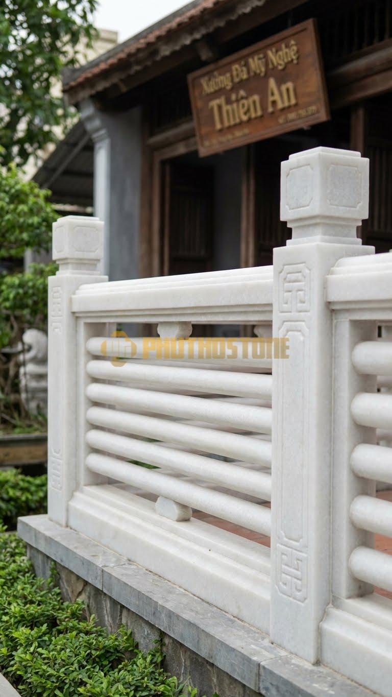 Lan Can Đá Trắng Muối Chấn Song Đá: Các Thanh Đá Tròn Đặt Song Song, Kích Thước: 120Cm X 81Cm X 10Cm
