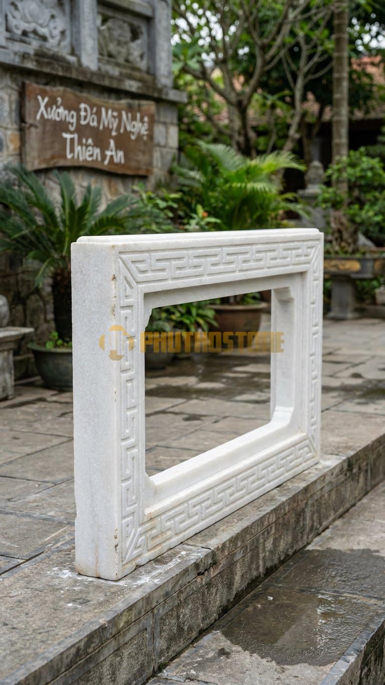 Lan Can Đá Trắng Muối Chữ Vạn Cách Điệu: Họa Tiết Chữ Vạn Chạy Viền, Ở Giữa Để Thoáng, Kích Thước: 120Cm X 81Cm X 8Cm