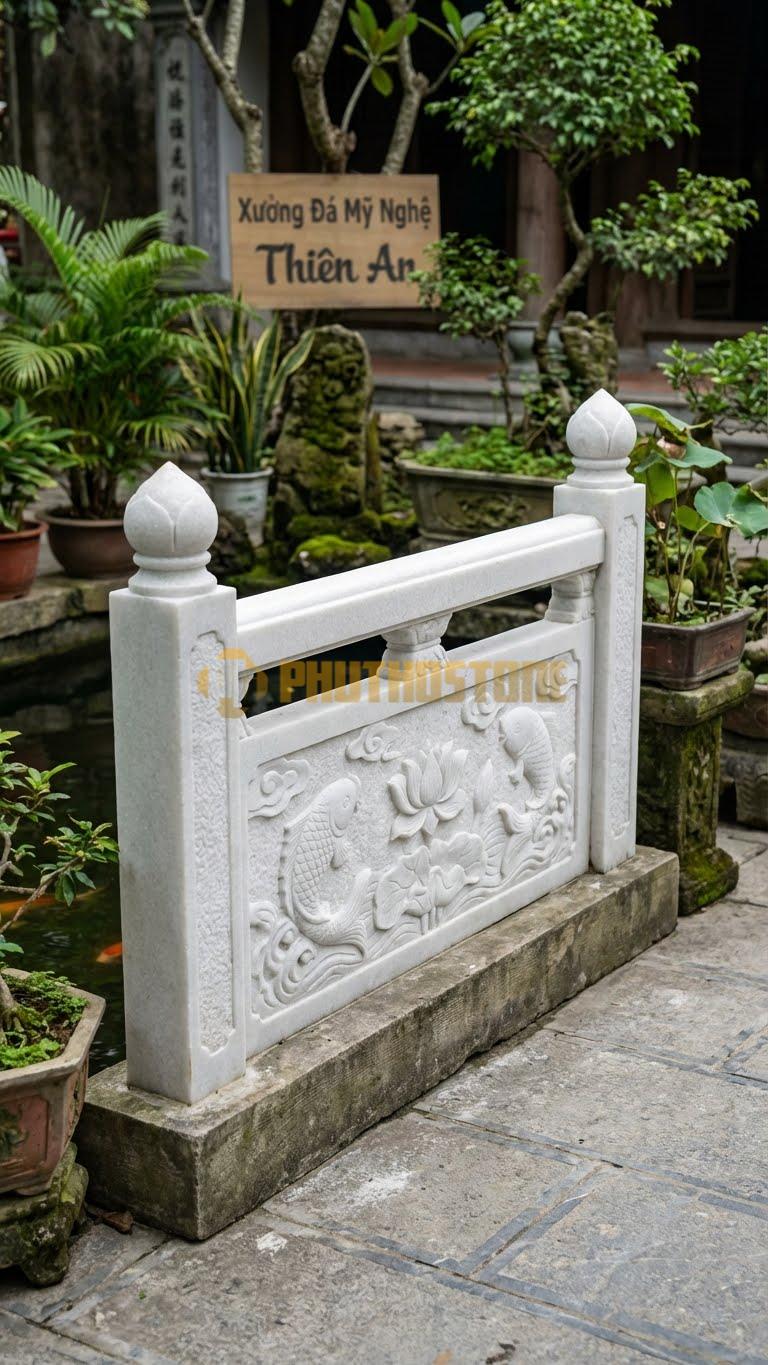 Lan Can Đá Trắng Muối Hồ Cá Koi (Thấp): Họa Tiết Cá Chép Hoặc Hoa Sen Cách Điệu, Kích Thước: 100Cm X 60Cm X 8Cm