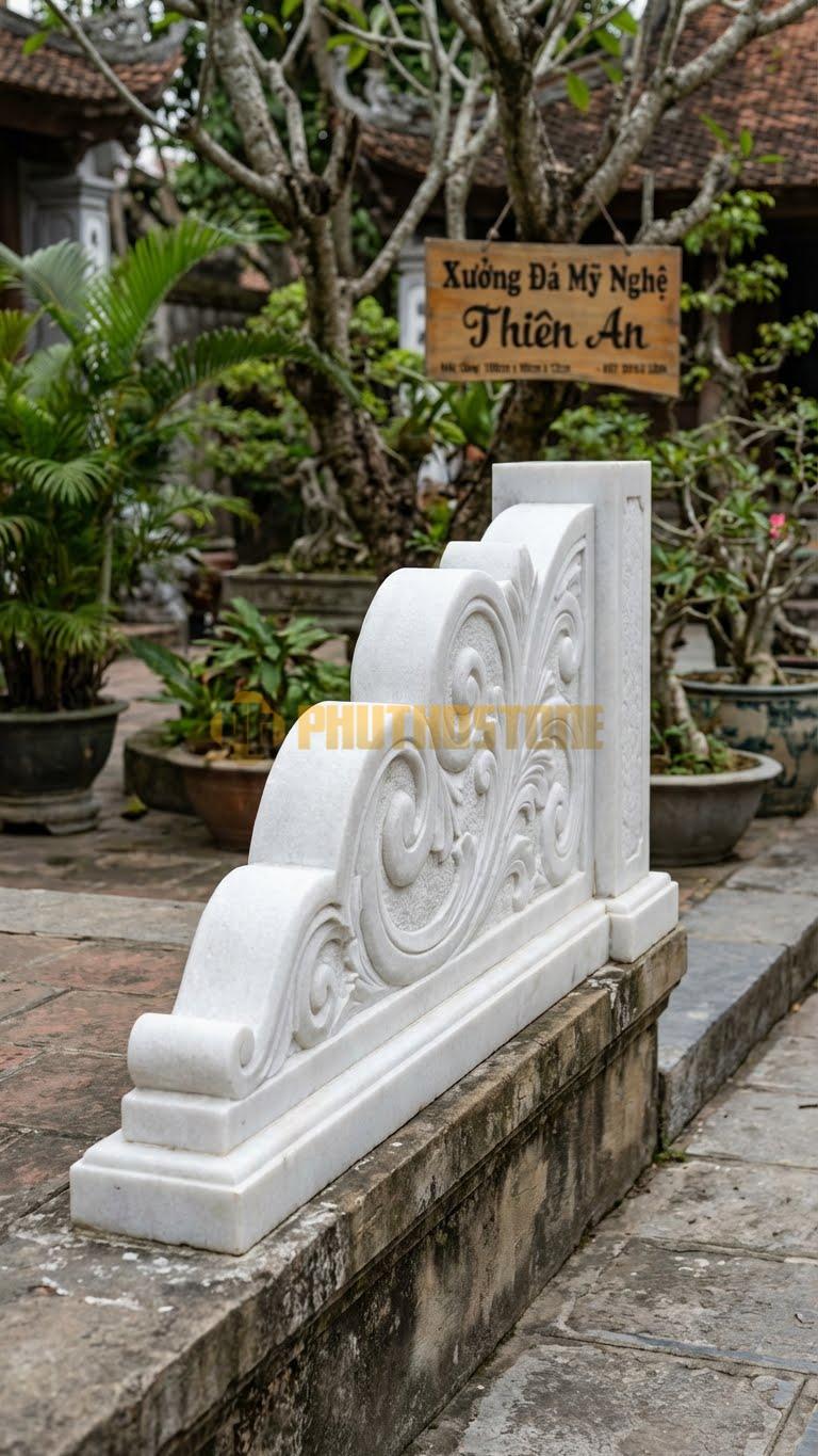 Lan Can Đá Trắng Muối Lá Tây Acanthus: Họa Tiết Lá Ô Rô Uốn Lượn Đặc Trưng Kiến Trúc Pháp, Kích Thước: 100Cm X 90Cm X 12Cm