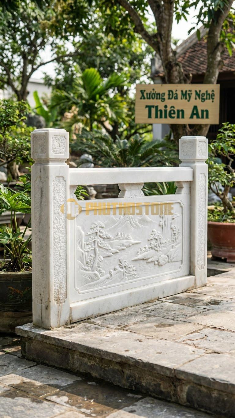 Lan Can Đá Trắng Muối Sơn Thủy Hữu Tình: Tranh Đá Phong Cảnh (Núi, Sông) Tạc Nông, Kích Thước: 120Cm X 85Cm X 10Cm