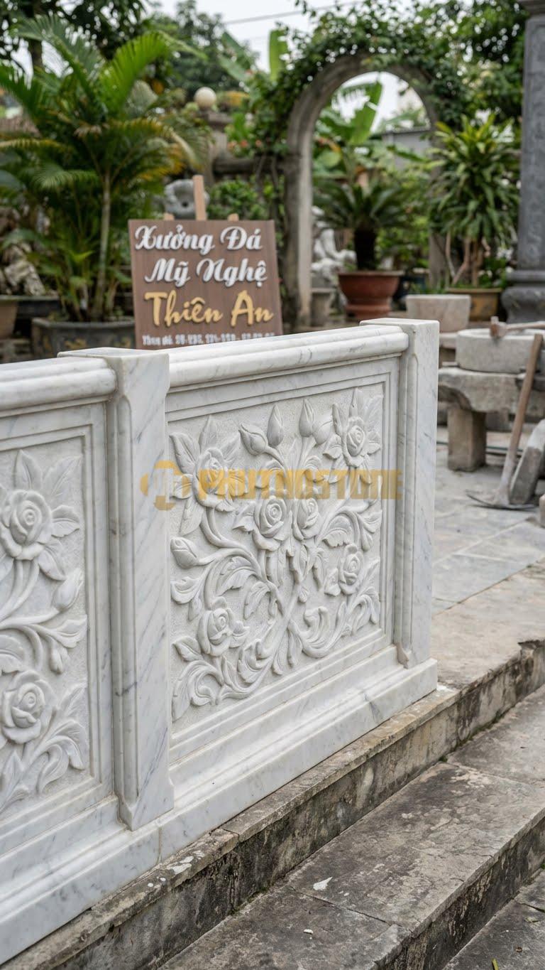 Lan Can Đá Trắng Yên Bái Hoa Hồng Pháp: Họa Tiết Hoa Hồng Và Lá Đan Xen, Kích Thước: 110Cm X 90Cm X 10Cm