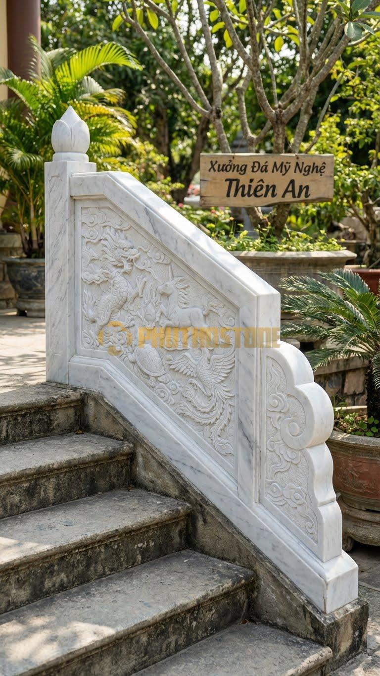 Lan Can Đá Trắng Yên Bái Tứ Linh: Long – Ly – Quy – Phượng (Vờn Mây), Kích Thước: 127Cm X 107Cm X 12Cm