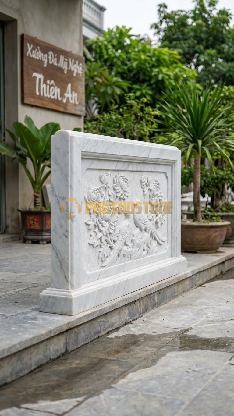 Lan Can Đá Trắng Yên Bái Tứ Quý – Cúc: Hoa Cúc Và Chim Trĩ (Biểu Tượng Phúc Lộc), Kích Thước: 117Cm X 81Cm X 10Cm