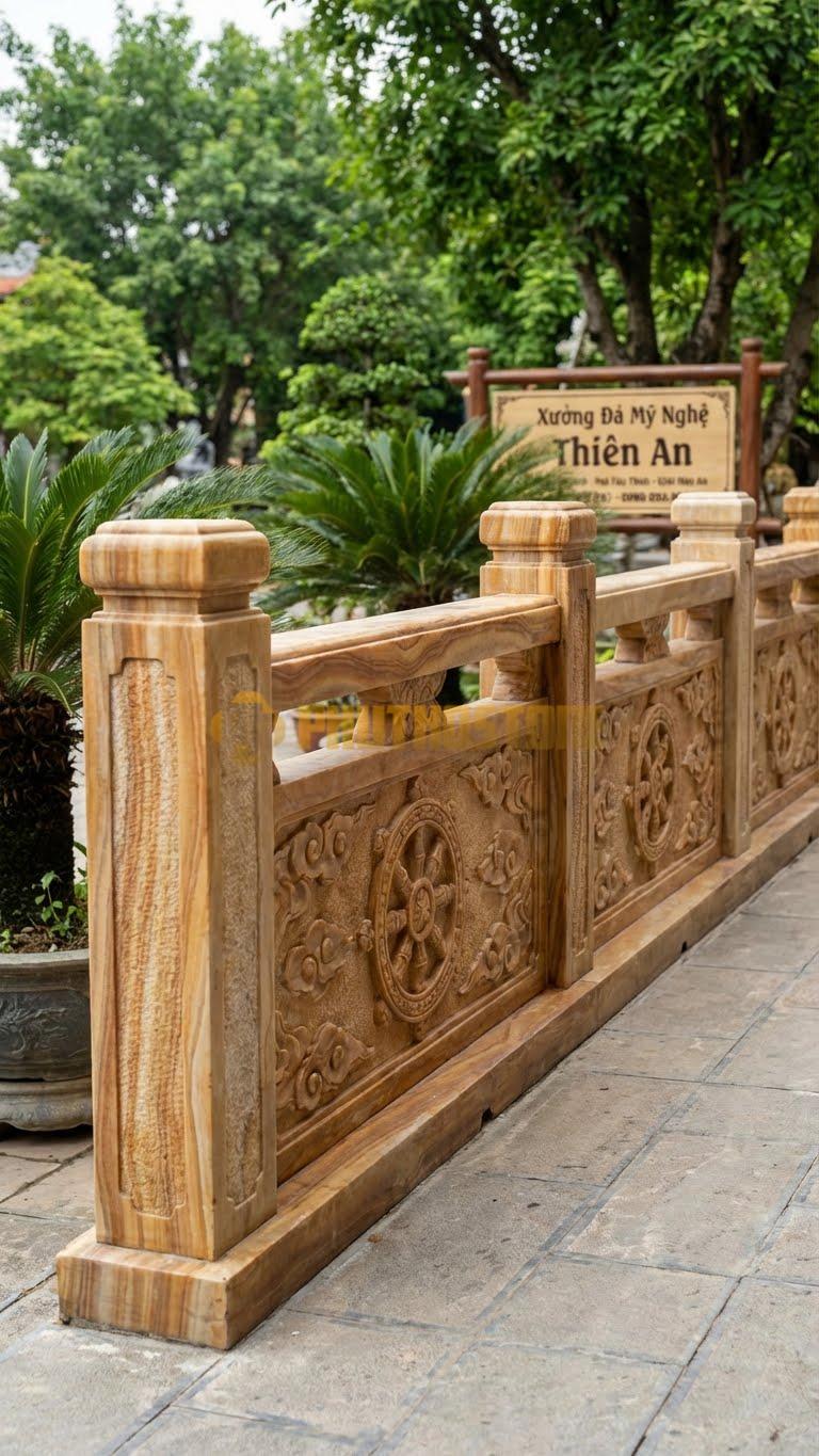 Lan Can Đá Vân Gỗ Bánh Xe Pháp Luân: Biểu Tượng Phật Giáo, Dùng Cho Chùa Chiền, Kích Thước: 107Cm X 90Cm X 10Cm