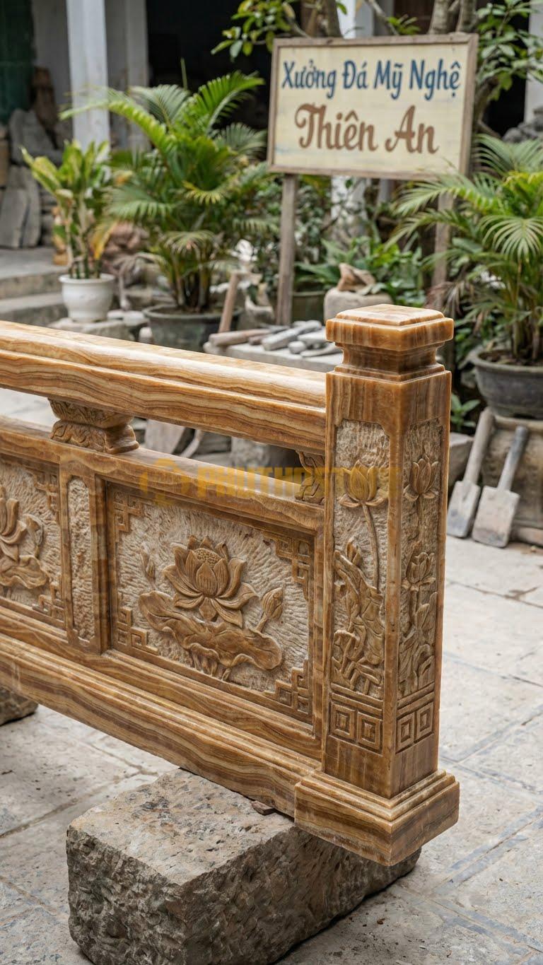 Lan Can Đá Vân Gỗ Bờ Kè Vân Đá: Đục Nhám Bề Mặt Giả Cổ, Kích Thước: 200Cm X 80Cm X 15Cm