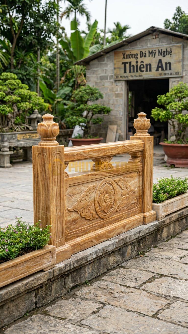 Lan Can Đá Vân Gỗ Đá Kết Hợp Bồn Hoa: Phần Chân Đế Thiết Kế Hộc Để Trồng Hoa Nhỏ, Kích Thước: 150Cm X 95Cm X 25Cm