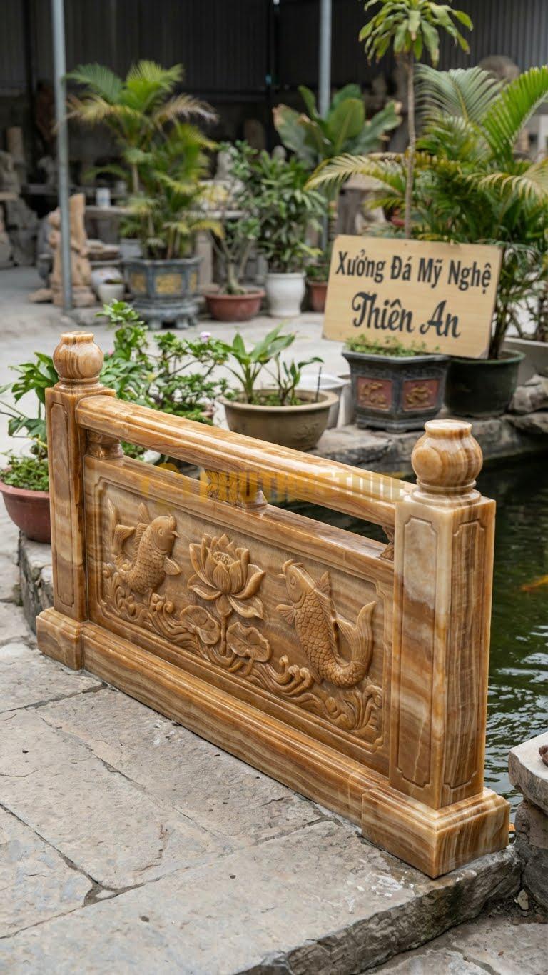 Lan Can Đá Vân Gỗ Hồ Cá Koi (Thấp): Họa Tiết Cá Chép Hoặc Hoa Sen Cách Điệu, Kích Thước: 100Cm X 60Cm X 8Cm