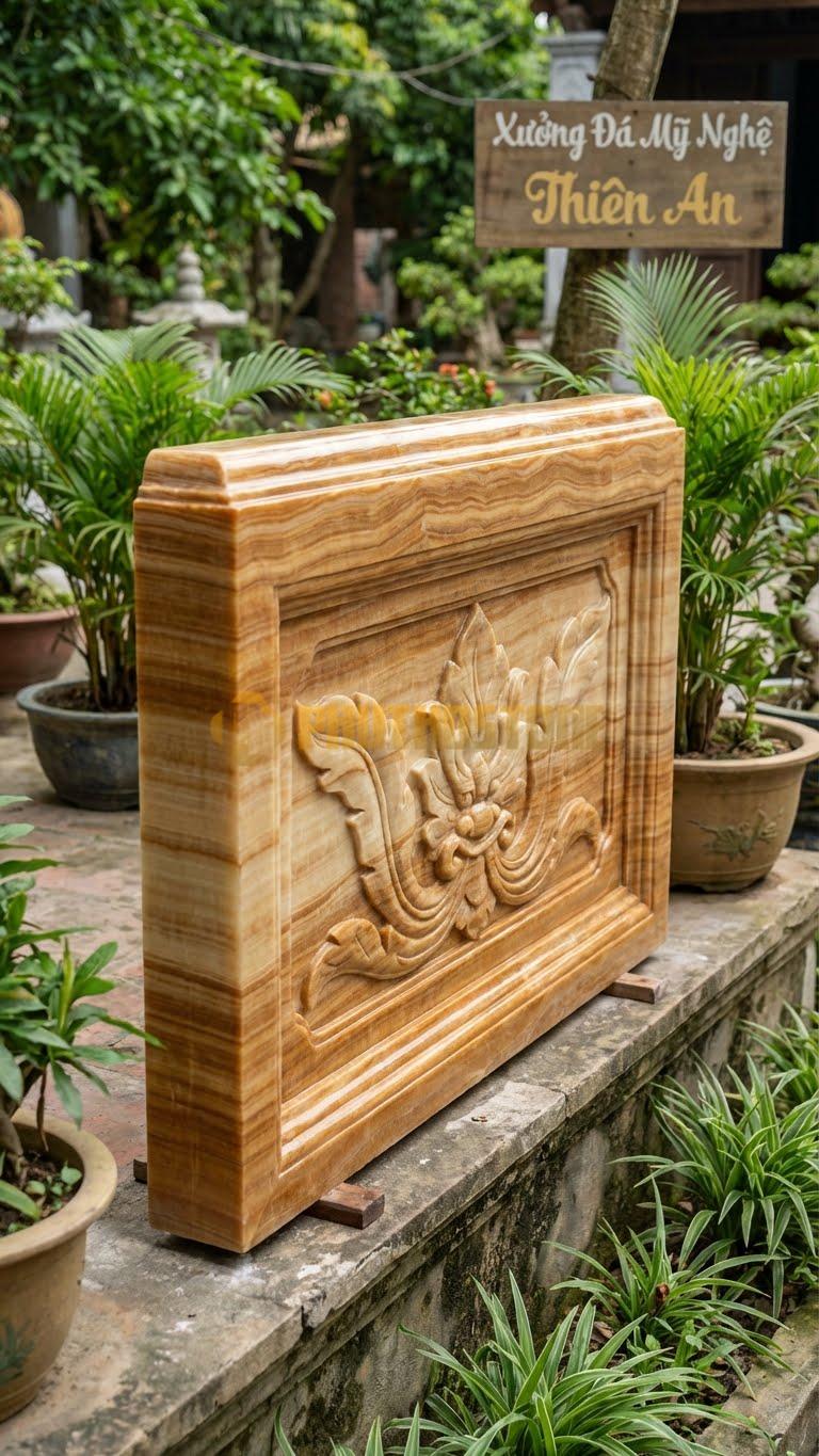 Lan Can Đá Vân Gỗ Lá Hóa Rồng: Họa Tiết Lá Cách Điệu Hình Đầu Rồng, Kích Thước: 110Cm X 81Cm X 10Cm