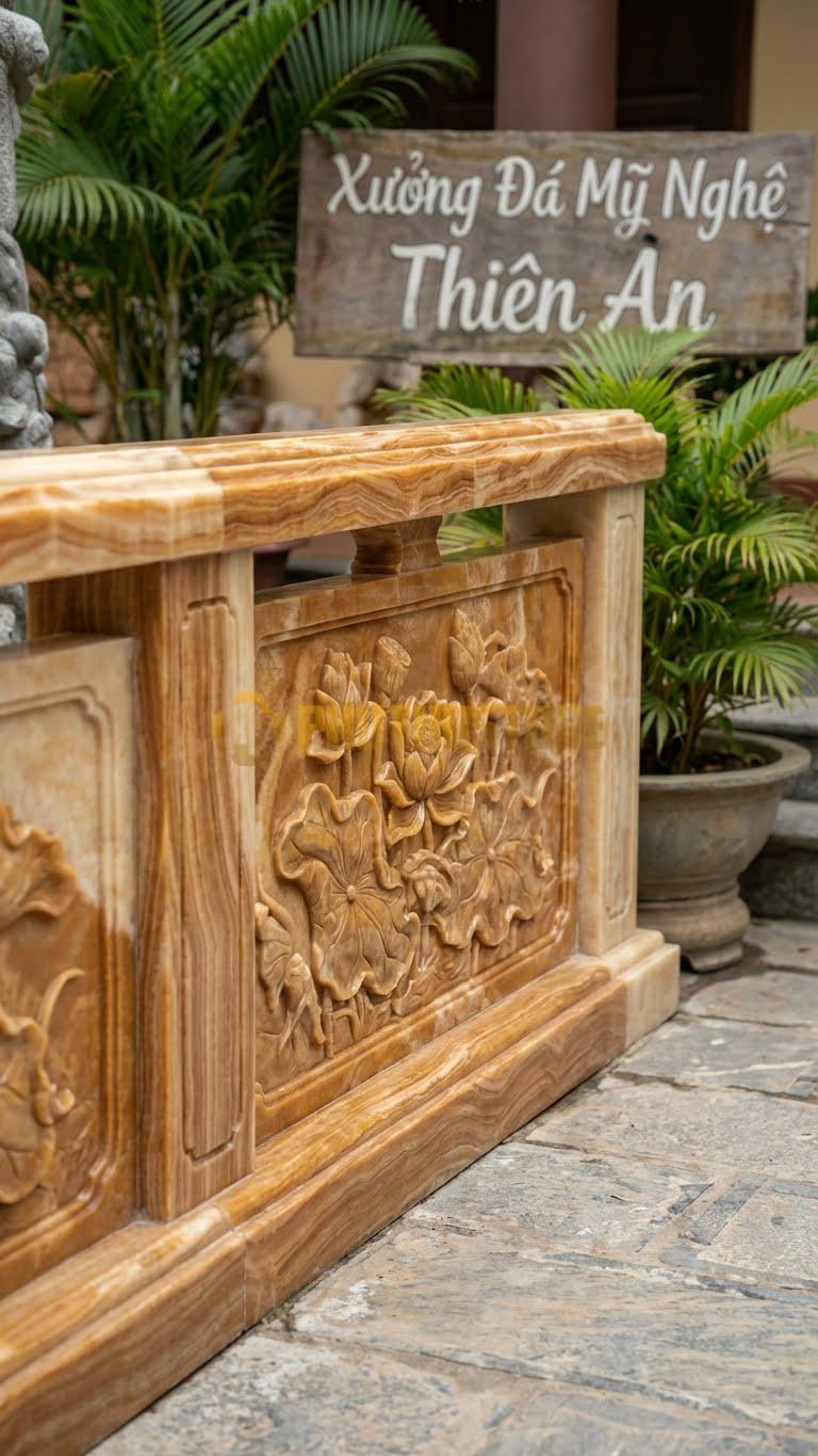 Lan Can Đá Vân Gỗ Sen Đầm: Hoa Sen Nở Rộ, Lá Sen Bao Quanh, Kích Thước: 107Cm X 81Cm X 8Cm