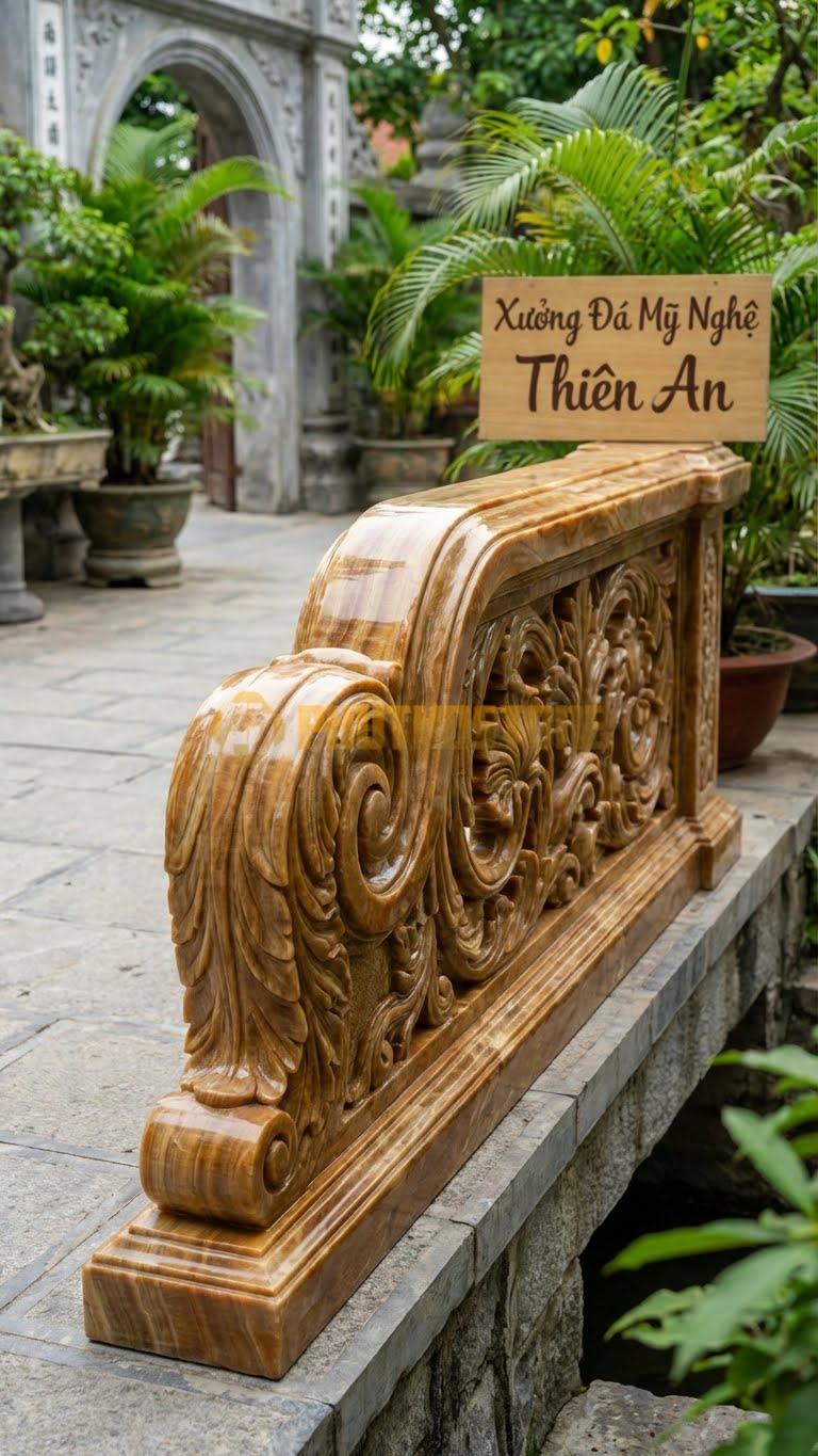 Lan Can Đá Vân Gỗ Tân Cổ Điển Pháp: Hoa Văn Lá Tây (Acanthus) Cuộn Tròn, Kích Thước: 100Cm X 90Cm X 12Cm