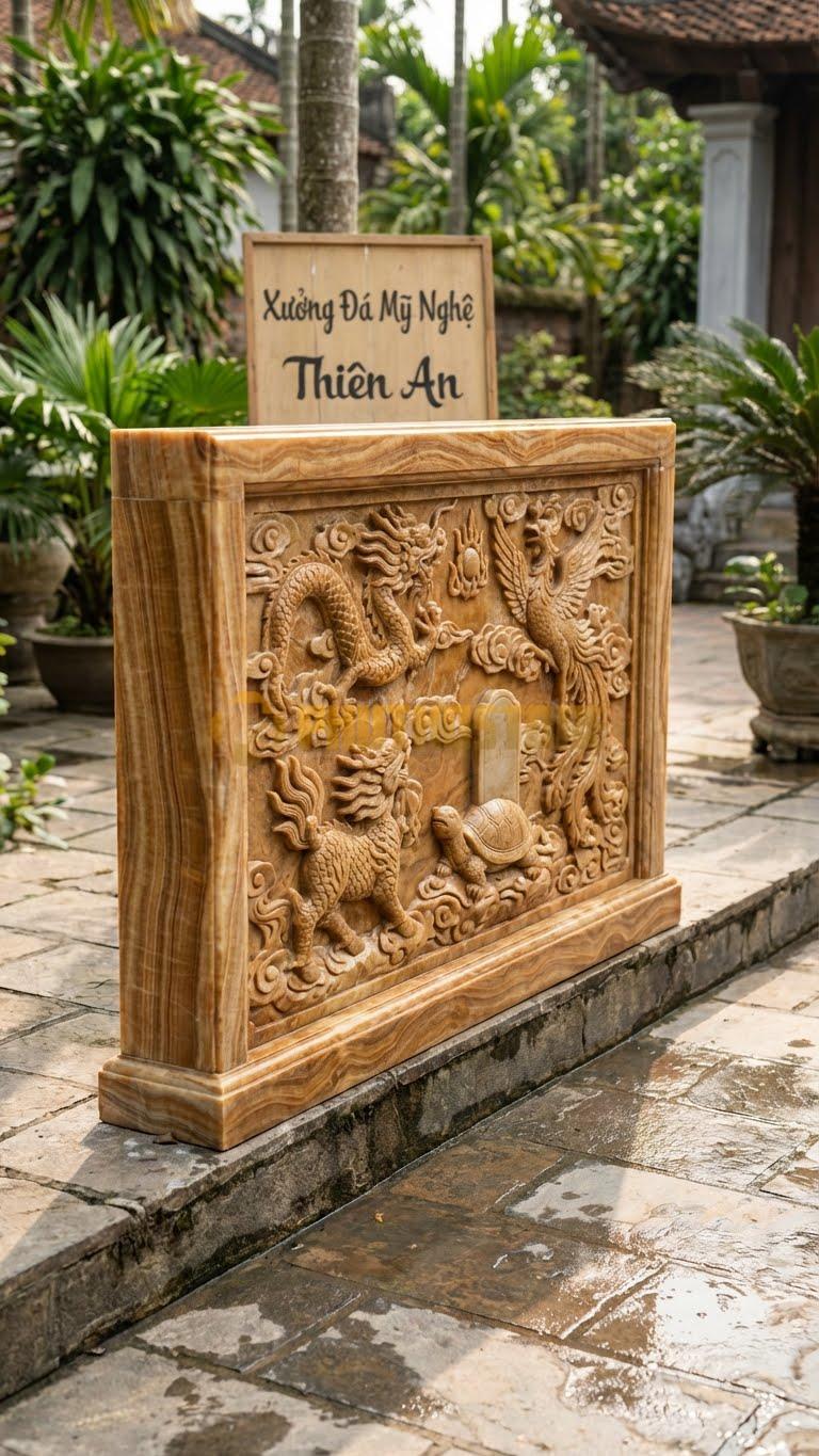 Lan Can Đá Vân Gỗ Tứ Linh: Long – Ly – Quy – Phượng (Vờn Mây), Kích Thước: 127Cm X 107Cm X 12Cm
