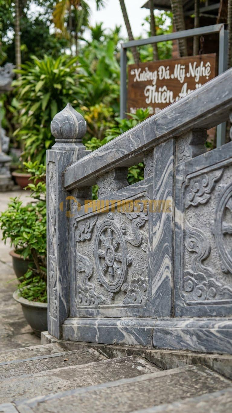 Lan Can Đá Vân Mây Bánh Xe Pháp Luân: Biểu Tượng Phật Giáo, Dùng Cho Chùa Chiền, Kích Thước: 107Cm X 90Cm X 10Cm
