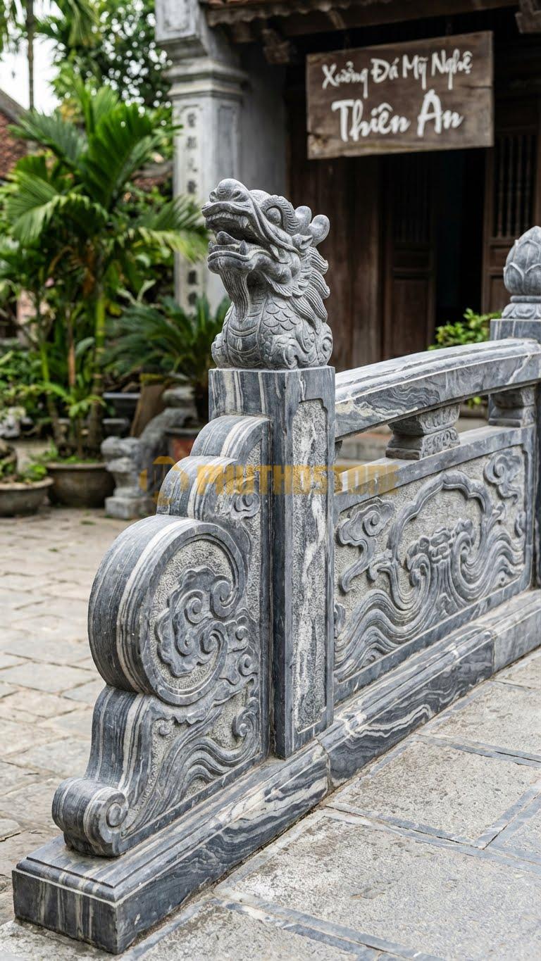 Lan Can Đá Vân Mây Cầu Đá Trụ Lan Can: Trụ Lan Can Tạc Đầu Rồng Hướng Lên, Kích Thước: 120Cm X 107Cm X 15Cm