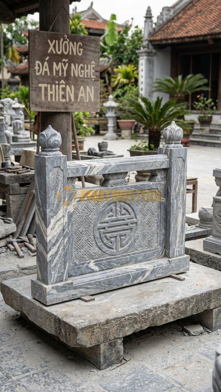 Lan Can Đá Vân Mây Chữ Thọ: Chữ Thọ Tròn Hoặc Vuông Ở Giữa, Nền Gấm, Kích Thước: 81Cm X 75Cm X 8Cm