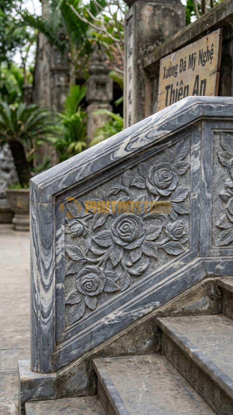 Lan Can Đá Vân Mây Hoa Hồng Pháp: Họa Tiết Hoa Hồng Và Lá Đan Xen, Kích Thước: 110Cm X 90Cm X 10Cm
