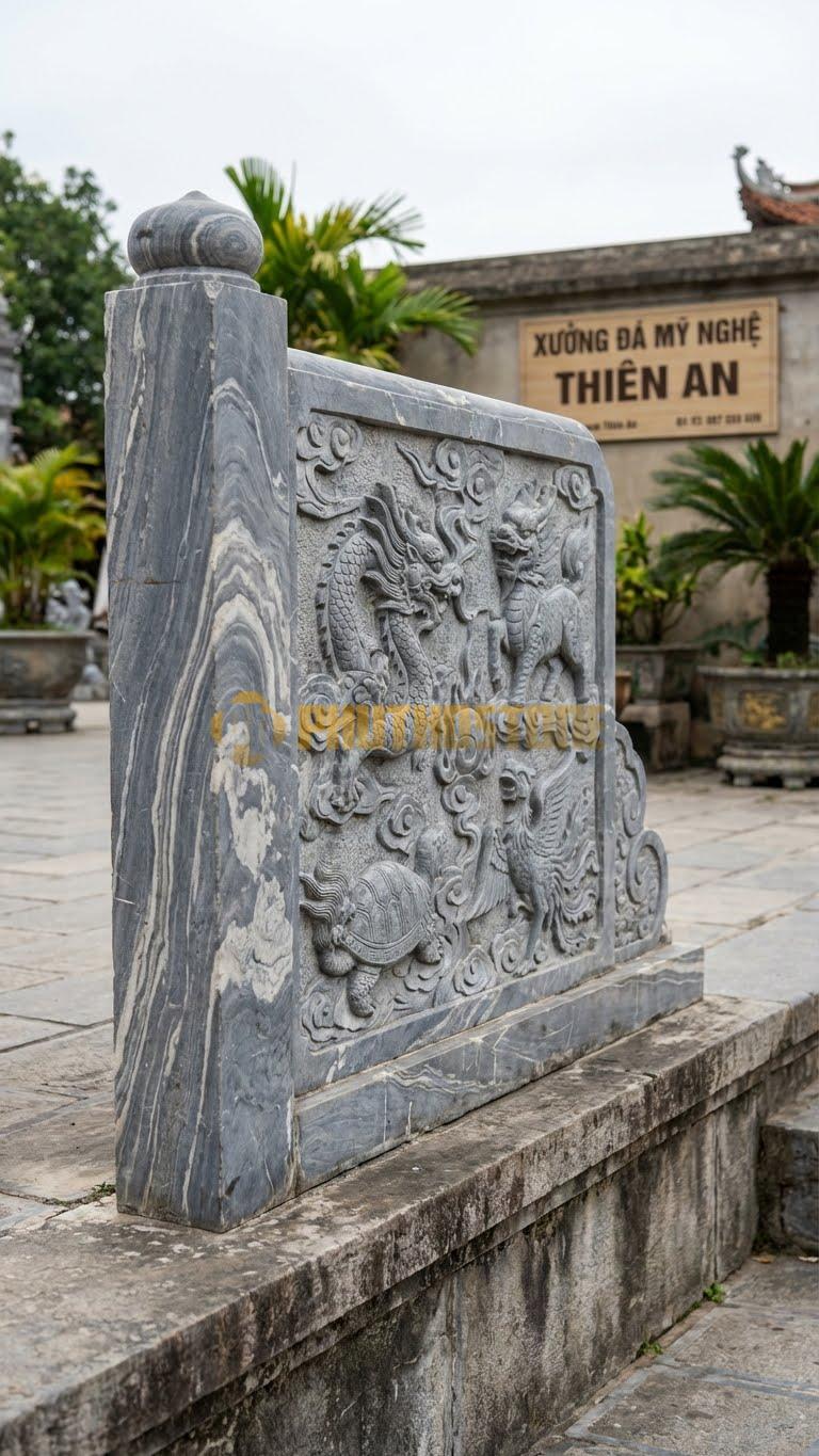 Lan Can Đá Vân Mây Tứ Linh: Long – Ly – Quy – Phượng (Vờn Mây), Kích Thước: 127Cm X 107Cm X 12Cm