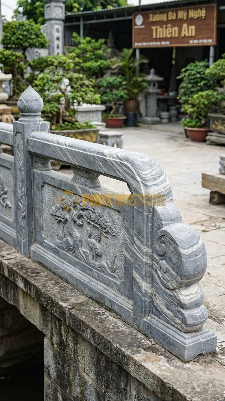 Lan Can Đá Vân Mây Tứ Quý – Tùng: Cây Tùng Và Chim Hạc (Biểu Tượng Trường Thọ), Kích Thước: 117Cm X 81Cm X 10Cm