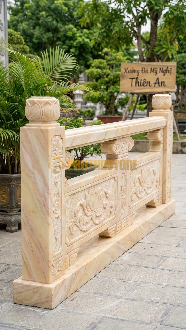 Lan Can Đá Vàng Nghệ An Bờ Kè Vân Đá: Đục Nhám Bề Mặt Giả Cổ, Kích Thước: 200Cm X 80Cm X 15Cm